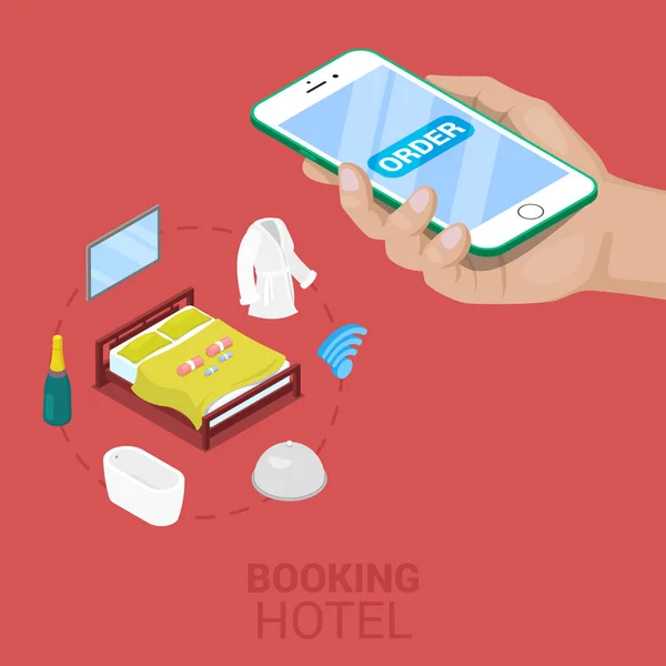 Isometric Online Booking Hotel Concept com Celular. Vector 3d ilustração plana —  Vetores de Stock