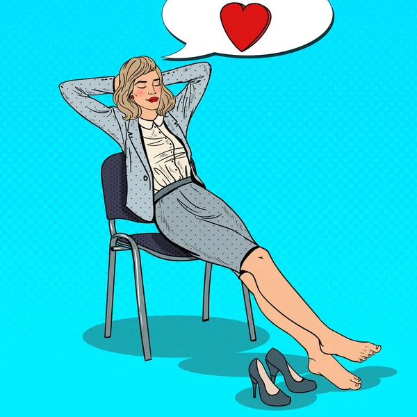 Pop Art Business Woman Relajarse y soñar con el amor. Ilustración vectorial — Archivo Imágenes Vectoriales