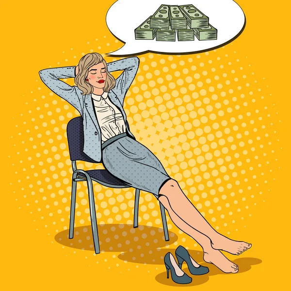 Pop Art Business Woman Relajarse y soñar con el dinero. Ilustración vectorial — Archivo Imágenes Vectoriales