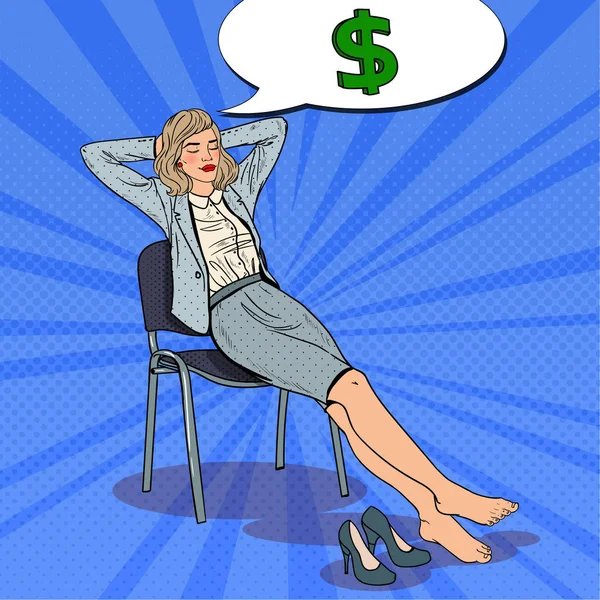 Popart zakenvrouw ontspannen en dromen over geld. Vectorillustratie — Stockvector