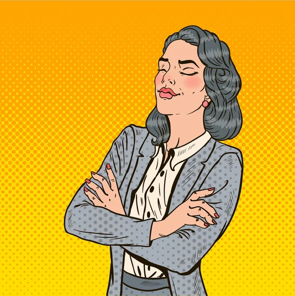 Pop Art Successful Business Woman with Her Eyes Closed. Vector illustration — Stock Vector