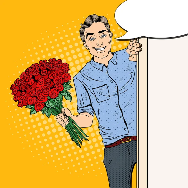 Pop Art Handsome Man with Flowers Bouquet Roses. Vector illustration — Stock Vector