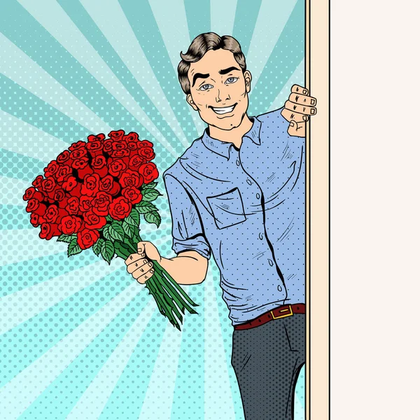 Pop Art Hombre guapo con flores Ramo de rosas. Ilustración vectorial — Archivo Imágenes Vectoriales