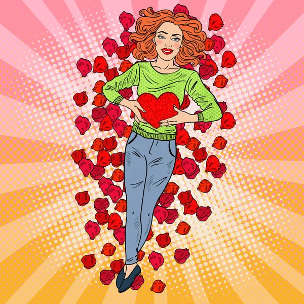 Mooie vrouw van de Pop Art in liefde met hart in Rose bloemblaadjes. Vectorillustratie — Stockvector