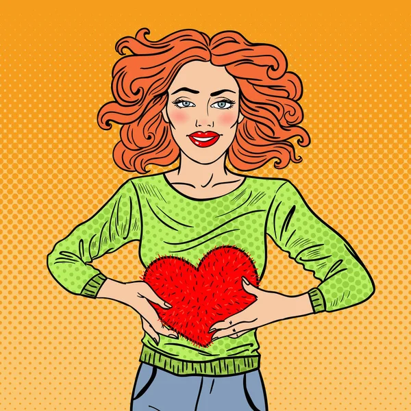 Pop Art Beautiful Woman in Love with Plush Heart. Ilustrasi vektor - Stok Vektor