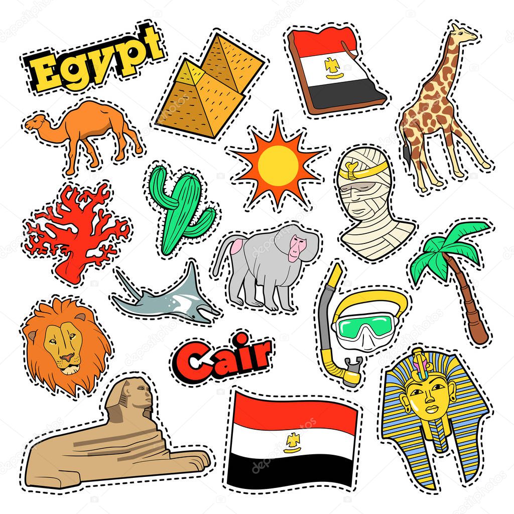 Egypt Travel Elements with Architecture and Pyramids. Vector Doodle