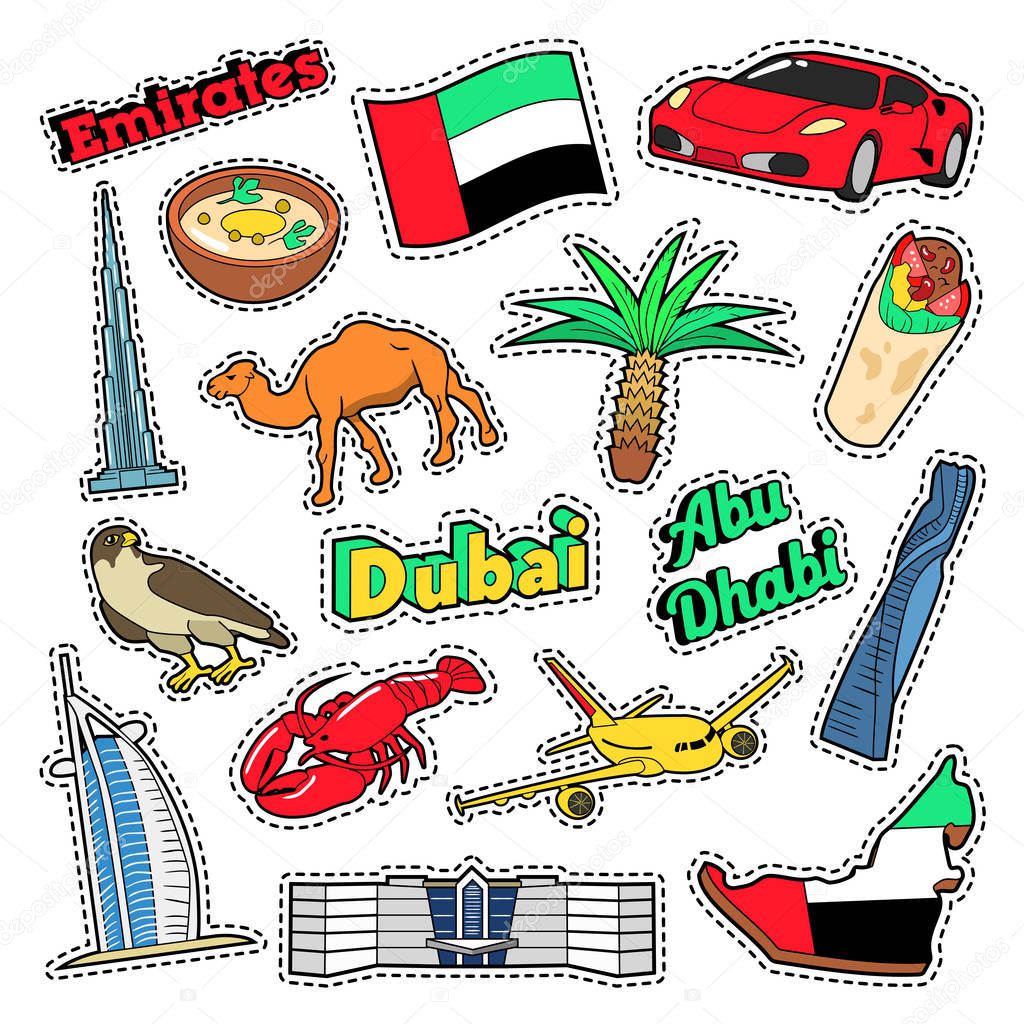 Emirates Travel Elements with Architecture and Palm Tree. Vector Doodle