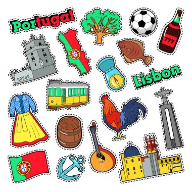 Portekiz seyahat öğeler mimarisi rozetleri, çıkartmalar, parmak izi ile. Vektör Doodle