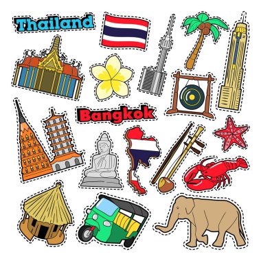 Tayland seyahat öğeler mimarisi rozetleri, çıkartmalar, parmak izi ile. Vektör Doodle