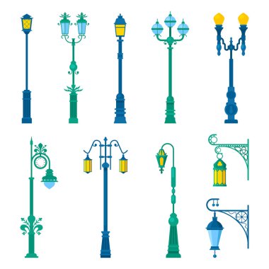 Detaylı Vintage sokak lambaları ve fener küme. Vektör çizim