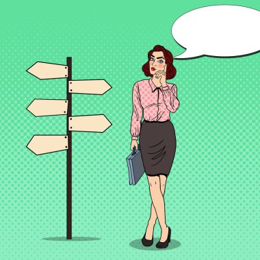 Sanat Doubtfull iş kadını Crossroads işaretçi tabelada pop. Vektör çizim