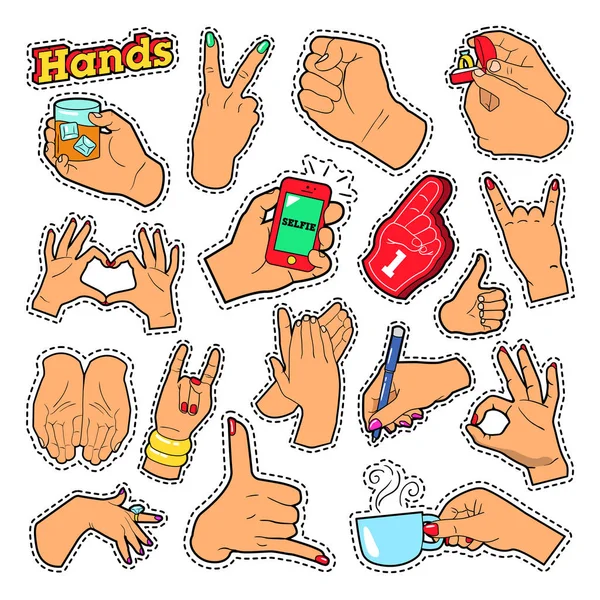 Hands Signs with Ok, Victory, Rock for Prints, Badges, Patches, Stickers. Vector Doodle — Stock Vector