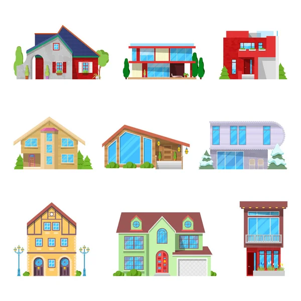 Casas Modernas e Edifícios Cottage Architectural Set. Ilustração vetorial — Vetor de Stock