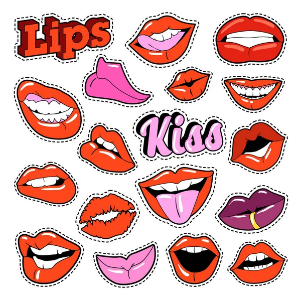 妇女的嘴唇设置伴随着亲吻和微笑的版画、 徽章、 修补程序、 贴纸。矢量涂鸦 — 图库矢量图片