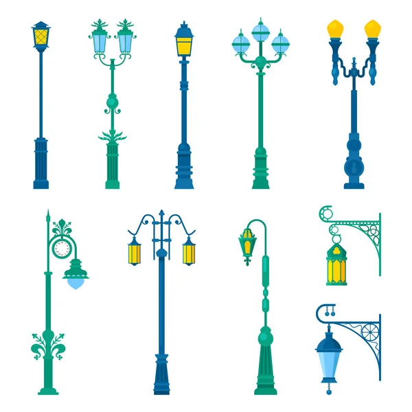 Podrobné Vintage Street lampy a lucerny sada. Vektorové ilustrace — Stockový vektor
