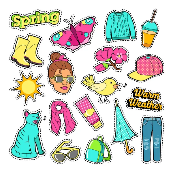 Spring Woman Fashion with Clothes and Accessories for Badges, Stickers, Patches. Vector Doodle — Stock Vector