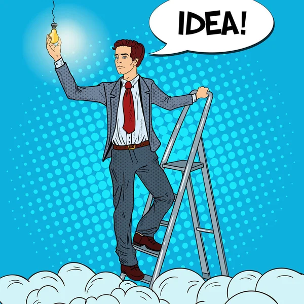 Popart zakenman met Ladder en gloeilamp in de wolken. Vectorillustratie — Stockvector