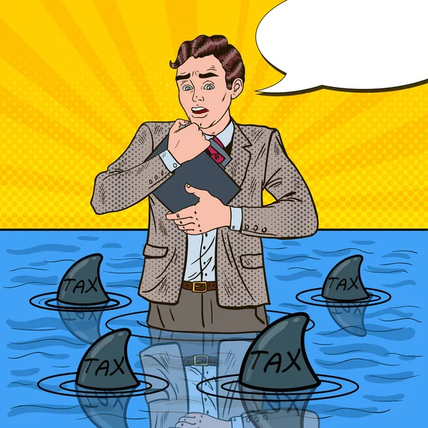 Pop Art Homme d'affaires sans défense et inquiet nageant avec des requins. Illustration vectorielle — Image vectorielle