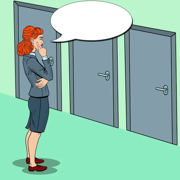 Pop Art Doubtful Businesswoman Choosing the Right Door. Vector illustration — Stock Vector