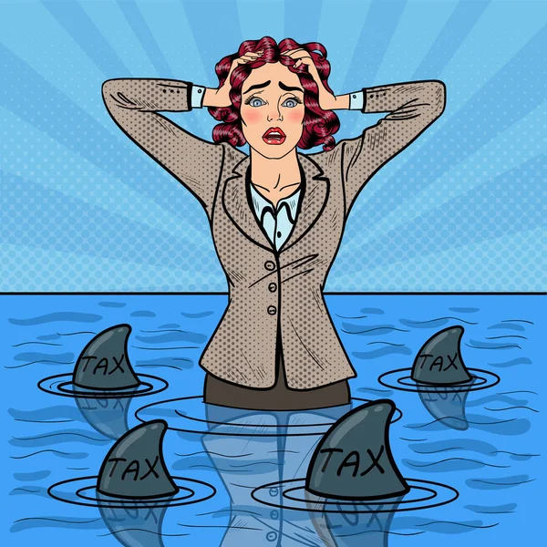 Pop Art preoccupato impotente donna d'affari che nuota con gli squali. Illustrazione vettoriale — Vettoriale Stock