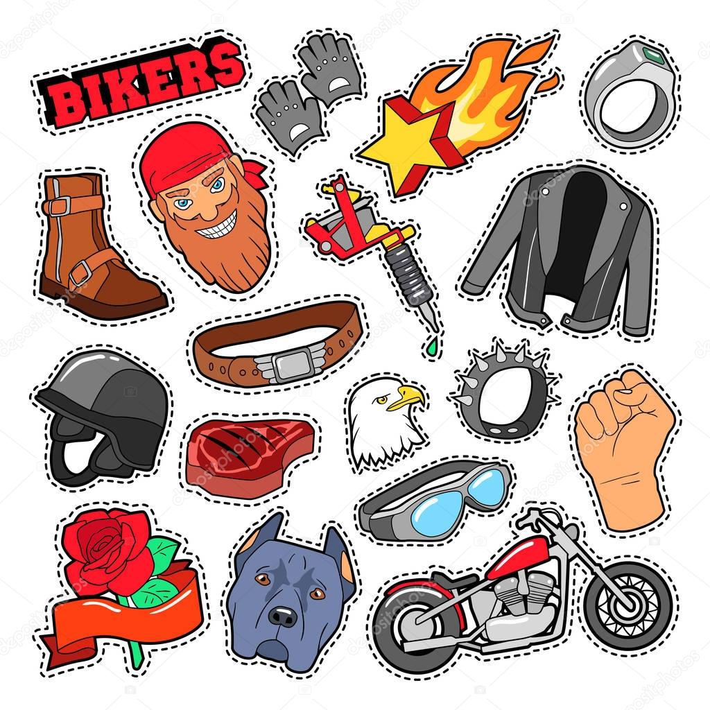 Bikers Elements with Chopper and Motorcycle for Prints, Stickers, Patches, Badges. Vector Doodle
