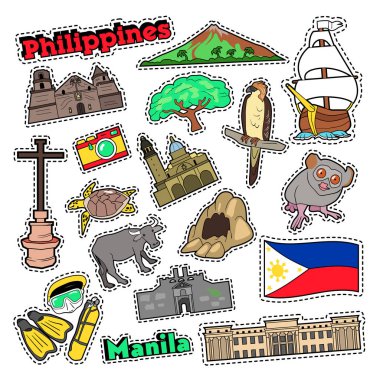 Parmak izi, çıkartmalar ve rozetleri için Filipinler seyahat seti mimarisi ve hayvanlar. Vektör doodle