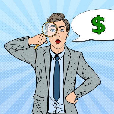 Pop Art işadamı para buldum büyüteç ile hayran. Vektör çizim