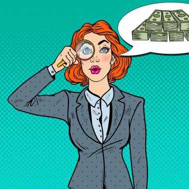 Pop sanat iş kadını para buldum büyüteç ile hayran. Vektör çizim