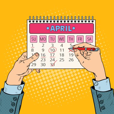 Pop Art Businessman Hand Planning Calendar Date. Vector illustration clipart
