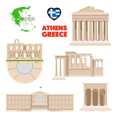 Yunanistan Atina seyahat seti mimarisi ve bayrak. Vektör çizim