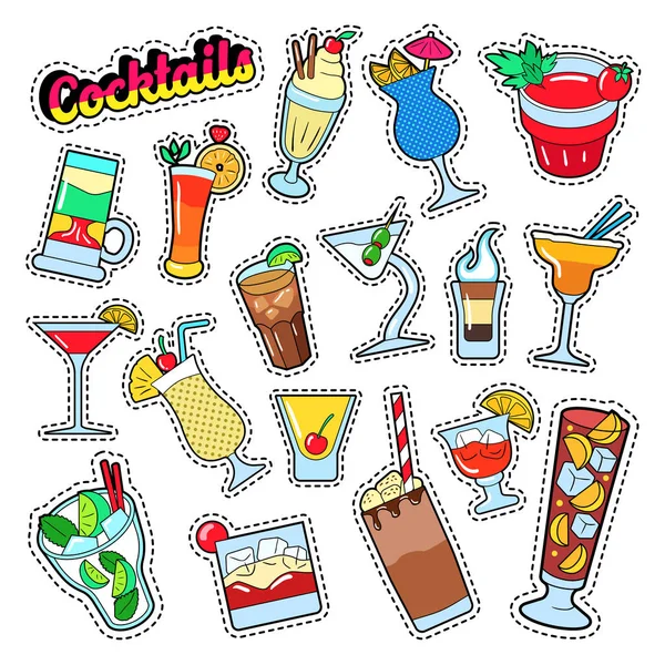 Set de cócteles y bebidas para pegatinas, insignias y parches. Ilustración vectorial — Vector de stock