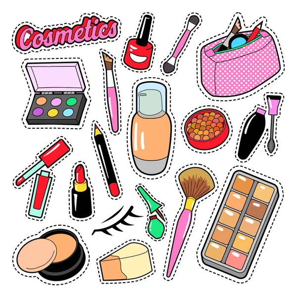 Cosmétiques Beauté Mode Éléments de maquillage avec rouge à lèvres et mascara pour autocollants, insignes, patchs. Doodle vectoriel — Image vectorielle