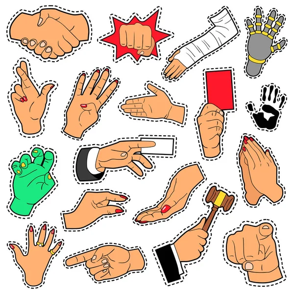 Händer och armar in med olika tecken för Scrapbook, utskrifter och klistermärken. Vector doodle — Stock vektor