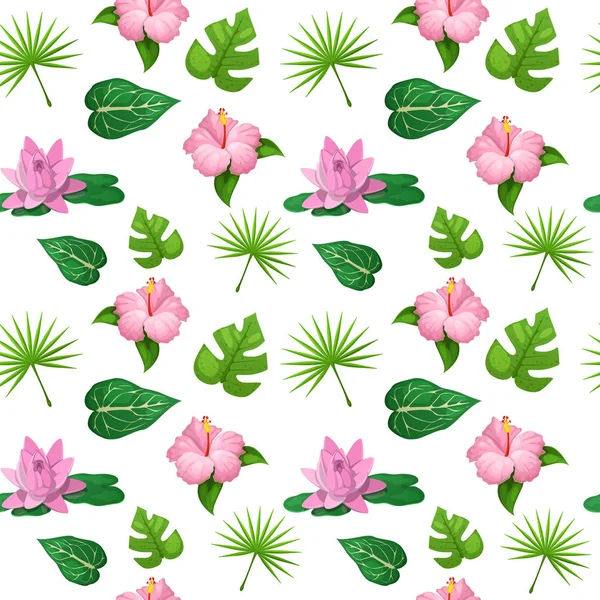 Fleurs tropicales et feuilles motif sans couture. Fond vectoriel — Image vectorielle