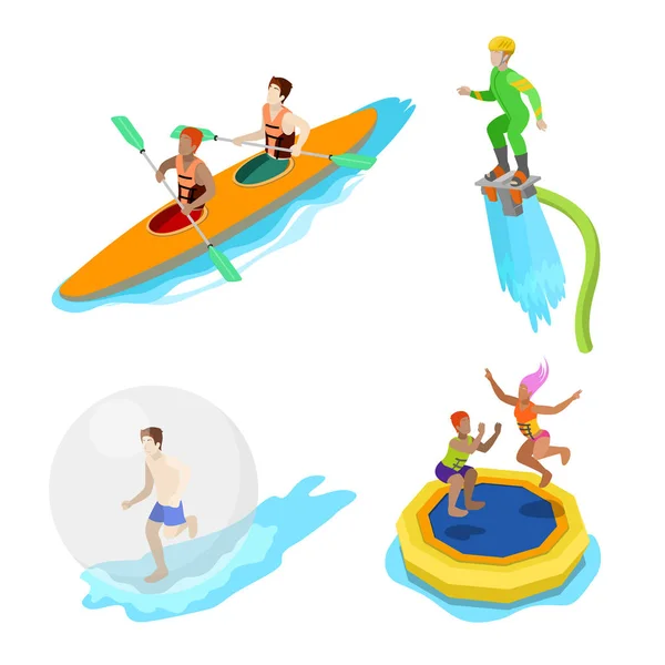 Isometric People on Water Activity. Kayaking, Man on Flyboard and Trampoline. Vector 3d flat illustration