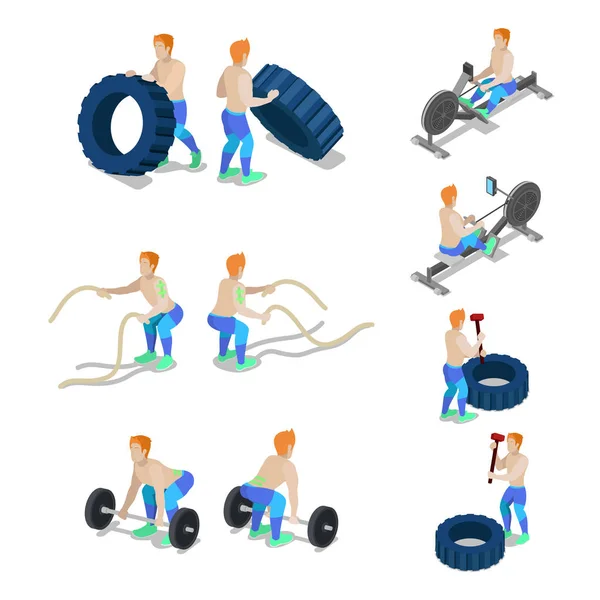 Isometrische Sportler beim Crossfit-Gym-Workout und -Übungen. Vektor 3D flache Illustration — Stockvektor