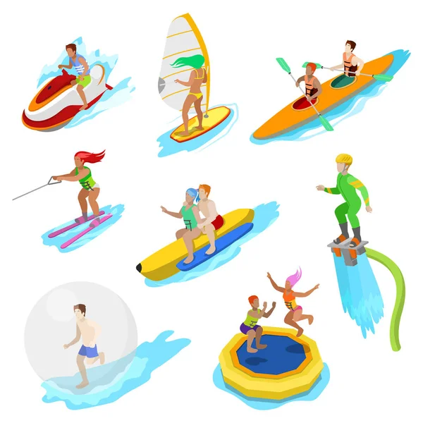 Isometrische Personen auf Wasseraktivität. Surferin, Kajakfahrerin, Mann auf Flyboard und Wasserski. Vektor 3D flache Illustration — Stockvektor