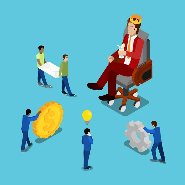 Isometric Business People. Businessman in Crown Watching on Work Process. Vector 3d flat illustration