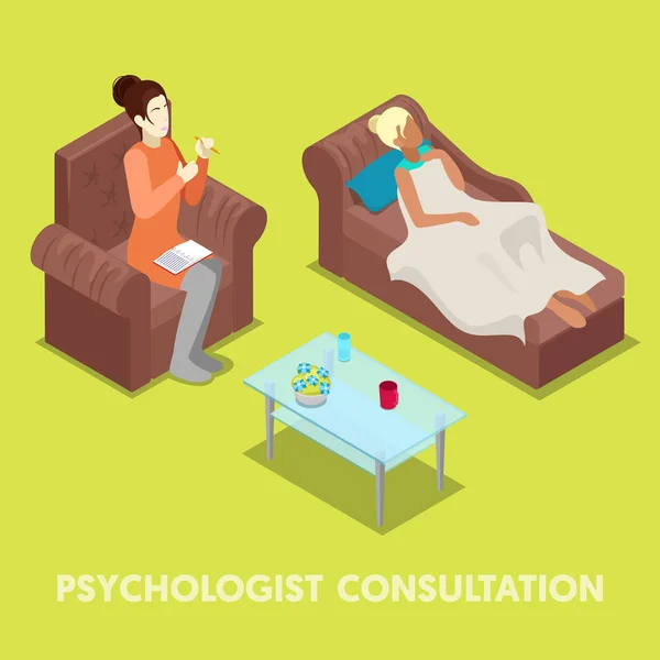 Consultazione psicologica isometrica. Donna in Psicoterapia. Illustrazione piatta vettoriale 3d — Vettoriale Stock