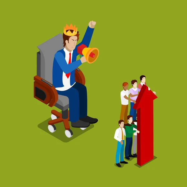 Isometric Business People. Businessman in Crown Shouting in Megaphone on Workers. Vector 3d flat illustration