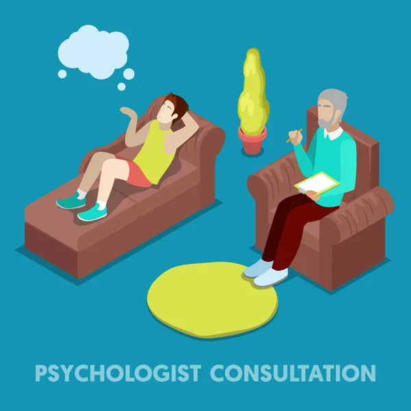 Consultazione psicologica isometrica. Uomo in Psicoterapia. Illustrazione piatta vettoriale 3d — Vettoriale Stock