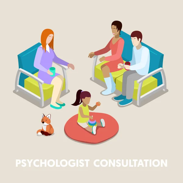 Consultazione psicologica isometrica. Famiglia in Psicoterapia. Illustrazione piatta vettoriale 3d — Vettoriale Stock