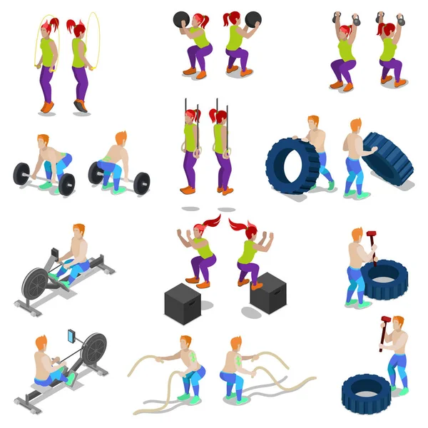 Pessoas Isométricas em Crossfit Ginásio de Treino e Exercícios. Vector 3d ilustração plana — Vetor de Stock