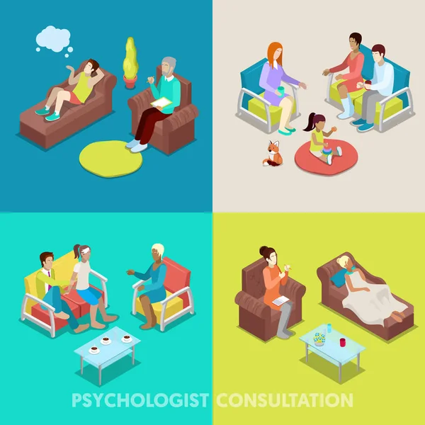 Isométrico Psicólogo Consulta. Personas en Psicoterapia. Vector 3d ilustración plana — Archivo Imágenes Vectoriales