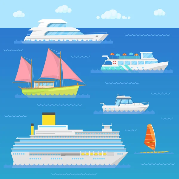 Transporte Acuático con Barco, Forro, Barco y Windsurfer. Ilustración vectorial — Vector de stock