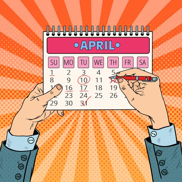Pop ręka sztuka biznesmen planowania datę w kalendarzu. Ilustracja wektorowa — Wektor stockowy