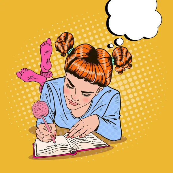 流行艺术女孩穿粉红色衣服袜子写在日记里。矢量图 — 图库矢量图片