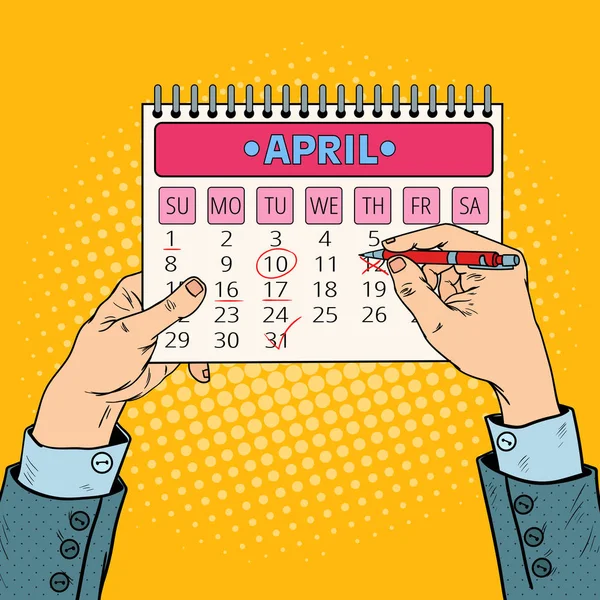 Pop Art Empresario Planificación de la mano Calendario Fecha. Ilustración vectorial — Vector de stock