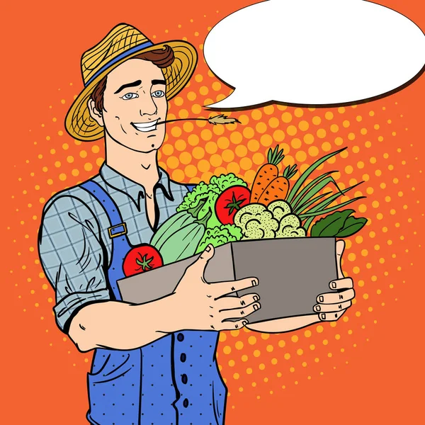 Pop Art Happy Farmer Holding Basket con verdure fresche. Illustrazione vettoriale — Vettoriale Stock