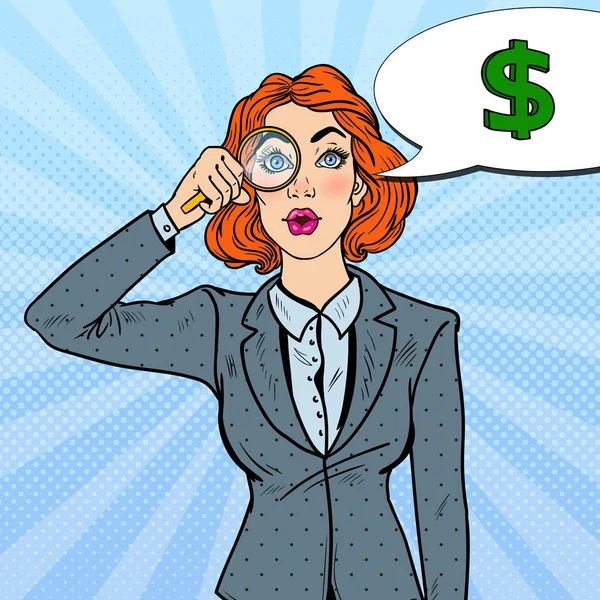 Pop Art sorprendió a la mujer de negocios con lupa encontró dinero. Ilustración vectorial — Vector de stock